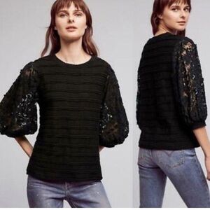 Anthropologie Eri + Ali Chelsea Knit Top Lace Balloon Sleeves Solid Black Medium